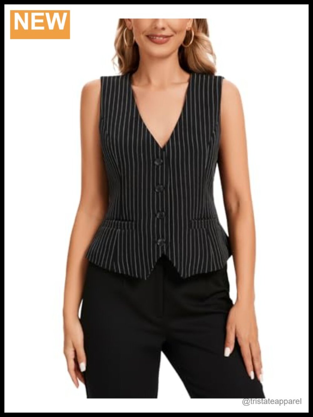 Women's Striped Suit Vest Top V Neck Sleeveless Button Down Business Formal